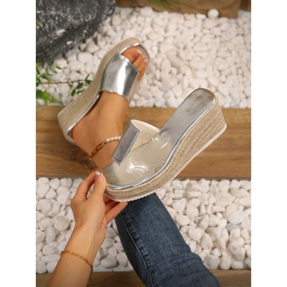 Womens Silver Espadrille Wedge Sandals Clear Platform Slip On Slides Shoes - Picture 1 of 4